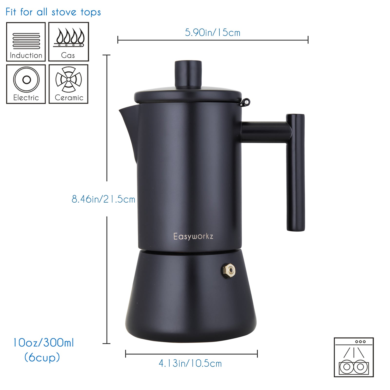 Easyworkz Diego Espressokocher Herdplatte Edelstahl Italienische Kaffeemaschine Induktion Mokkakanne, Mattschwarz