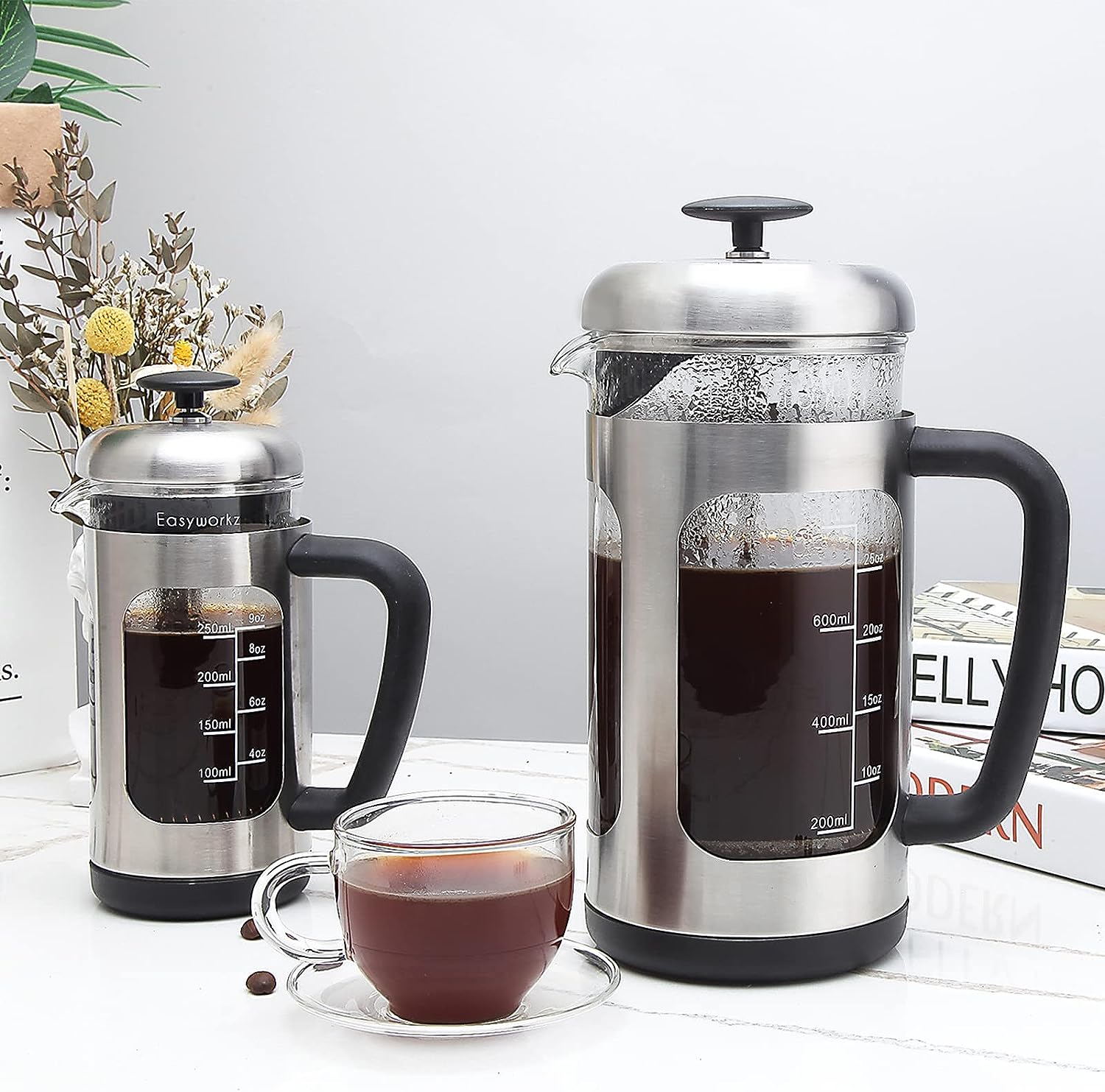 Easyworkz French Press 34 fl.oz / 1000 ml Kaffee- und Teebereiter aus Borosilikatglas mit Soft-Touch-Griff, Silber