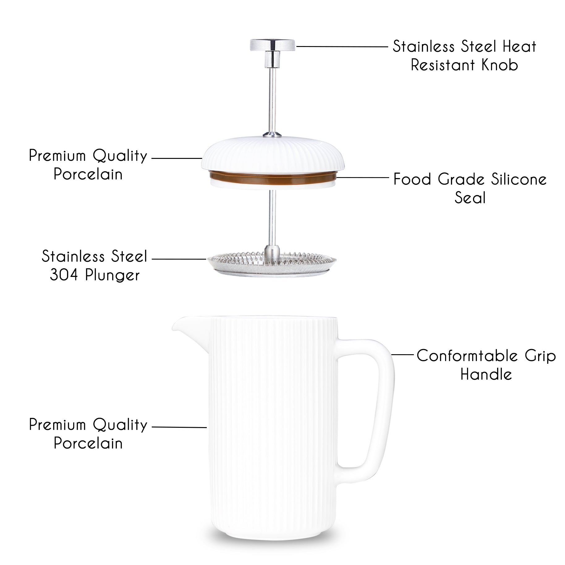 Easyworkz Porcelain French Press, Coffee Maker with Stainless Steel Plunger, Ivory