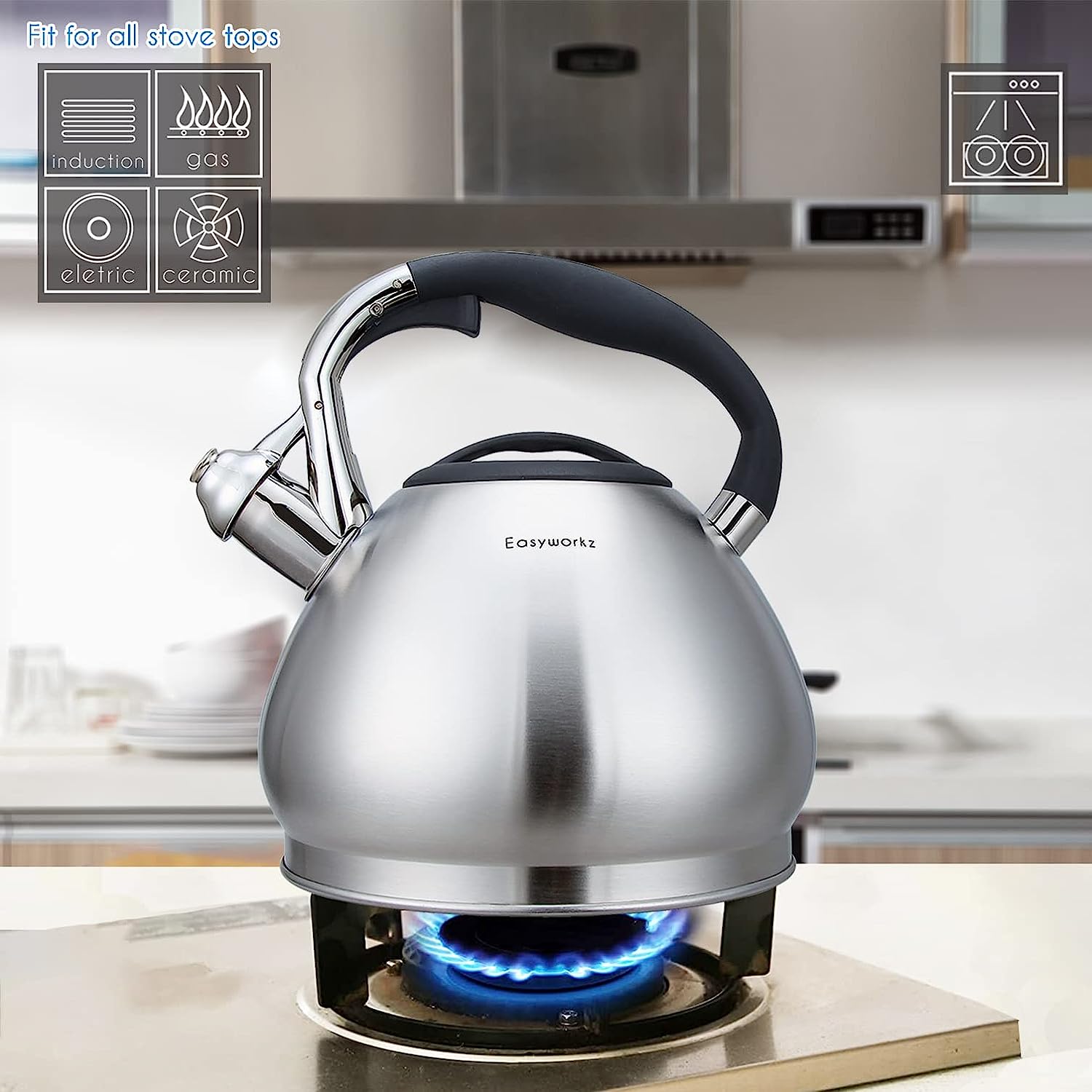 Easyworkz Whistling Stovetop Tea Kettle Food Grade Stainless Steel Hot Water Tea Pot With Loud Whistle, 3.1 qt / 3.0 L