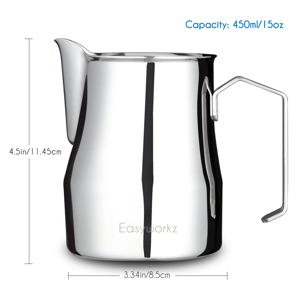 Easyworkz Espresso Steaming Pitcher 12-15 fl.oz(350-450 ml) Stainless Steel Coffee Frothing Picther Milk Jug Cappuccino Latte Art Cup, Silver