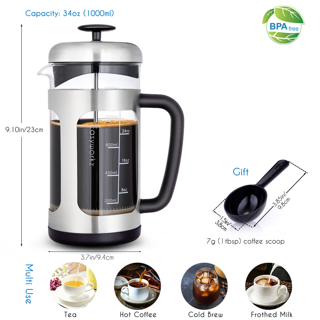 Easyworkz French Press Coffee Tea Maker with Borosilicate Glass Soft Grip Handle