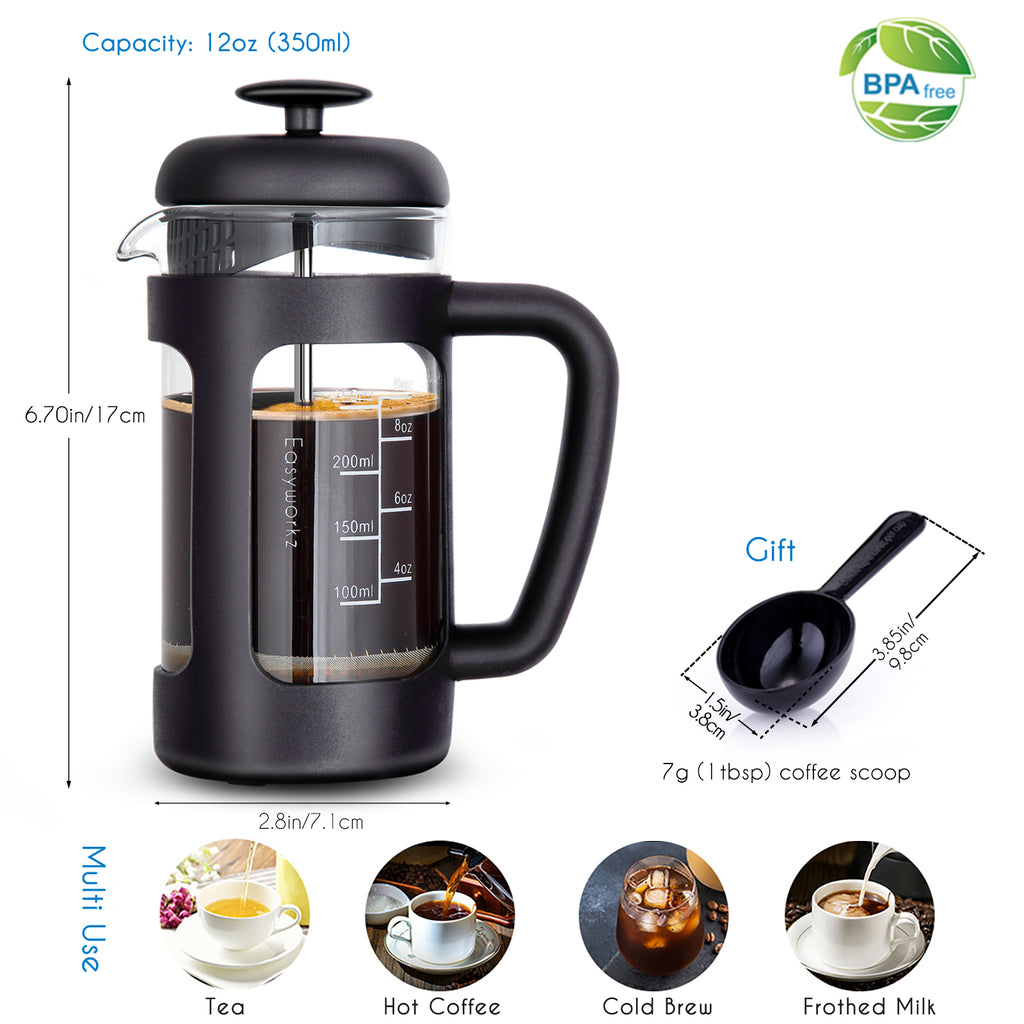 Easyworkz French Press 12 fl.oz / 350 ml Coffee Tea Maker with Borosilicate Glass,Soft Grip Handle, Black