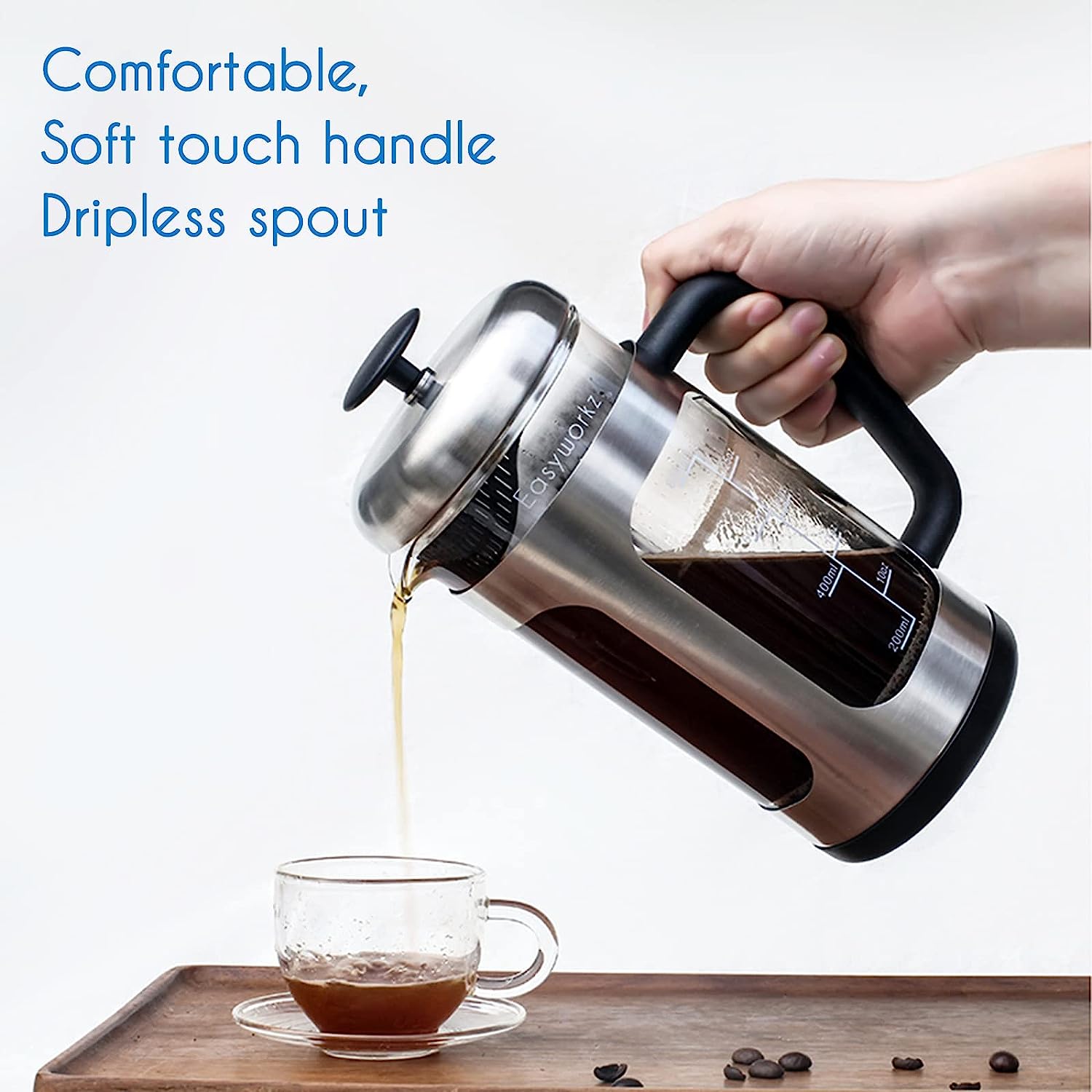 Easyworkz French Press 34 fl.oz / 1000 ml Coffee Tea Maker with Borosilicate Glass Soft Grip Handle, Silver