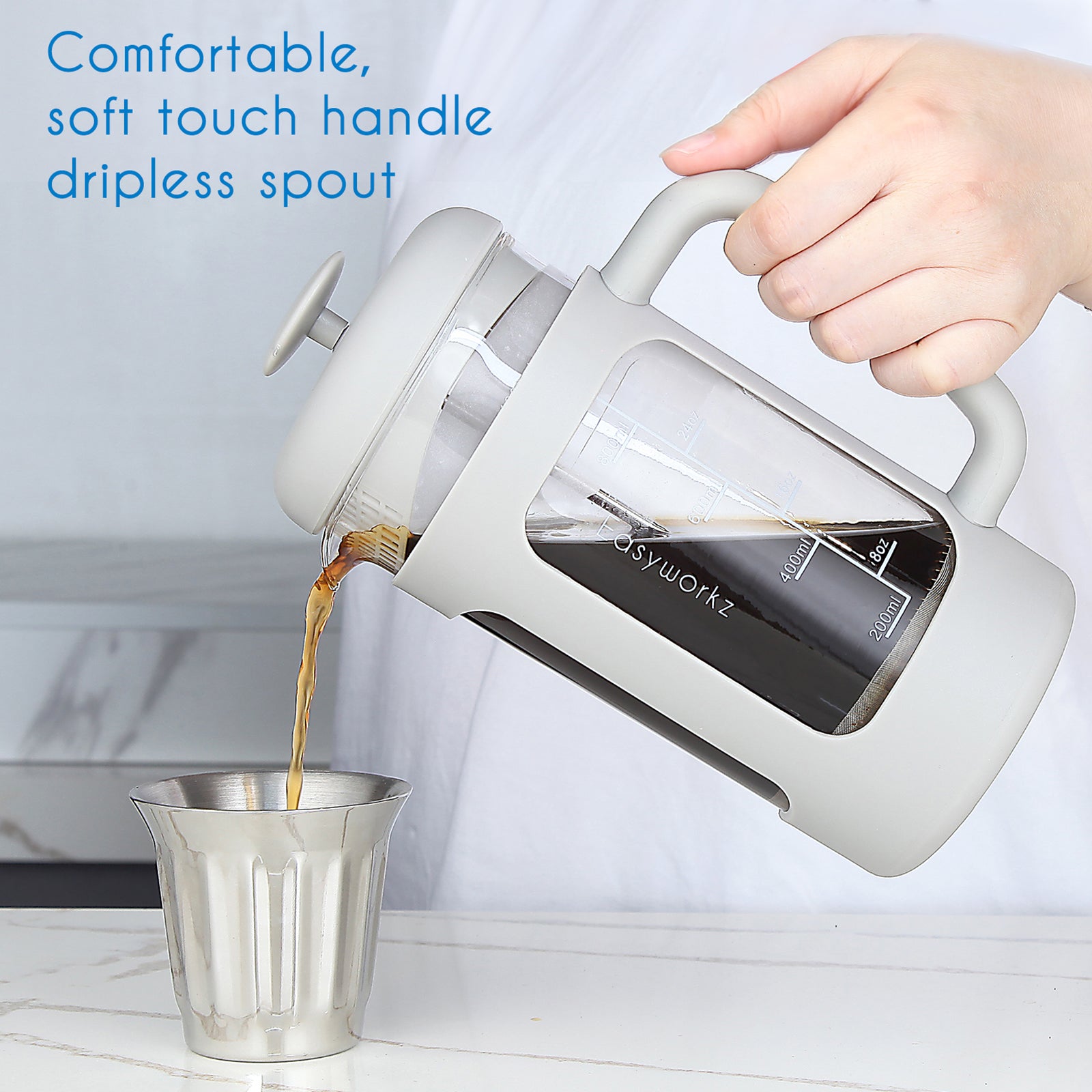 Easyworkz French Press 34 fl.oz / 1000 ml Kaffeeteebereiter mit Borosilikatglas, Soft-Grip-Griff, Hellgrau