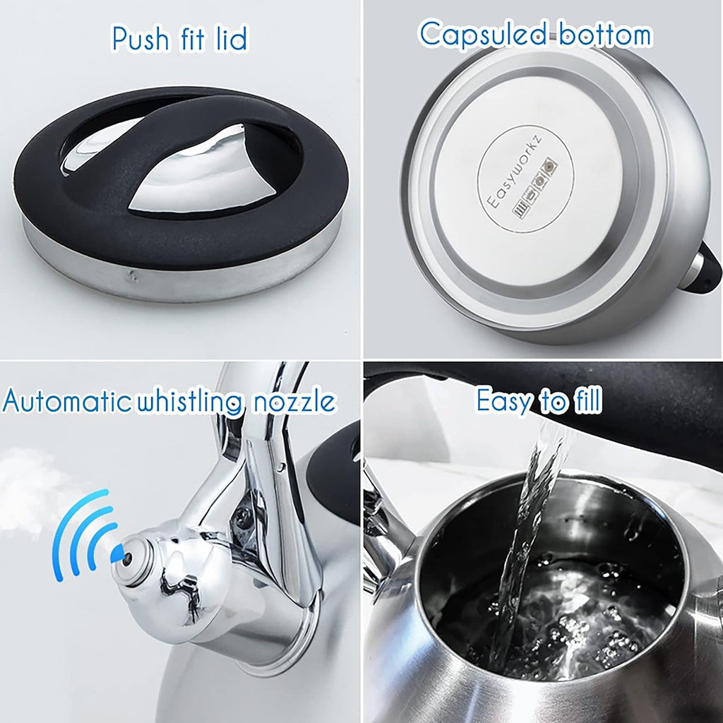 Easyworkz Whistling Stovetop Tea Kettle Food Grade Stainless Steel Hot Water Tea Pot With Loud Whistle, 3.1 qt / 3.0 L