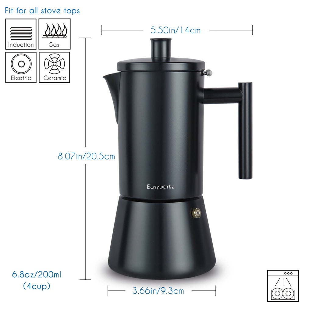 Easyworkz Diego Espressokocher Herdplatte Edelstahl Italienische Kaffeemaschine Induktion Mokkakanne, Mattschwarz