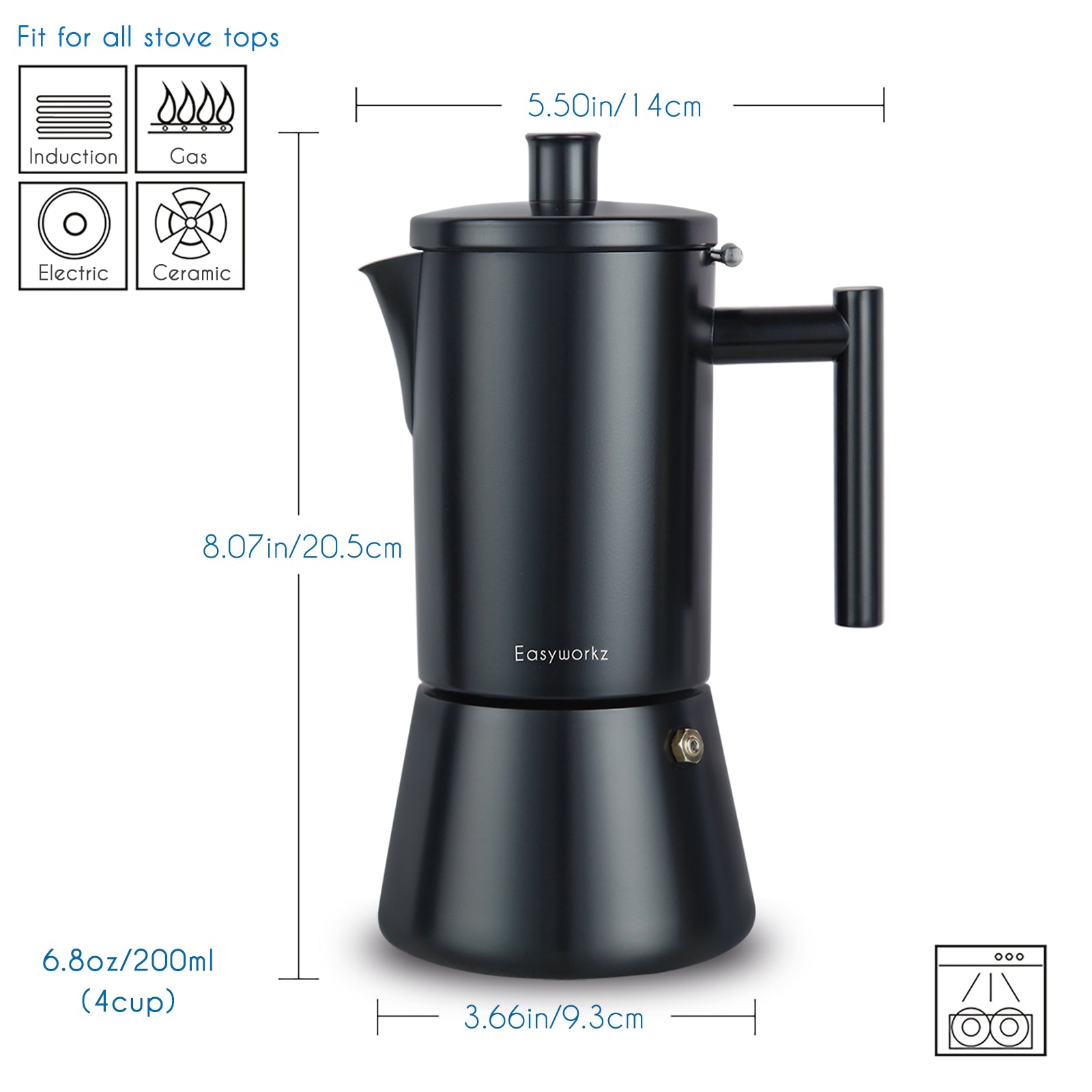 Easyworkz Diego Espressokocher Herdplatte Edelstahl Italienische Kaffeemaschine Induktion Mokkakanne, Mattschwarz