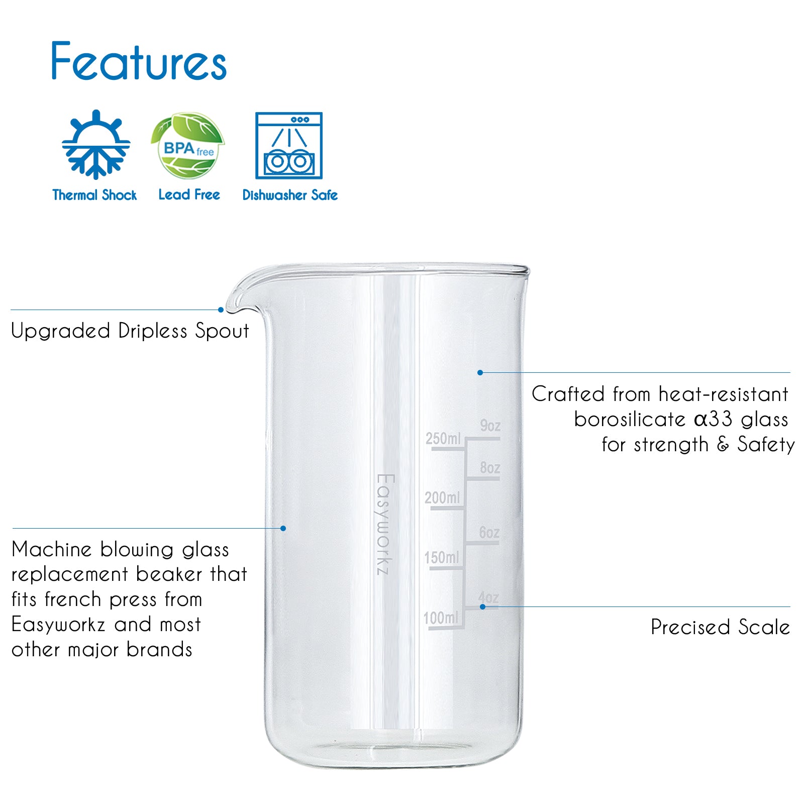 Easyworkz Borosilicate Glass Replacement Beaker for Easyworkz French Press Coffee Maker