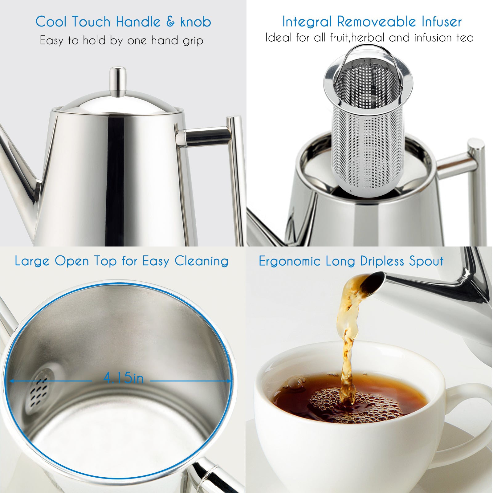 Easyworkz Stainless Steel Teapot with Removeable Infuser Stovetop Tea Maker for Fruit Herbal and Infusion Tea, 34 fl.oz / 1000ml / Double Wall (Not Applicable for Stovetops)