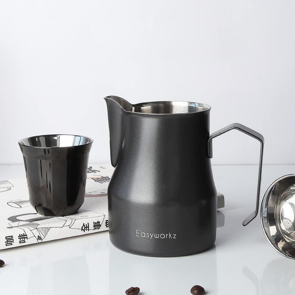 Easyworkz Espresso Steaming Pitcher 12-15 fl.oz(350-450 ml) Stainless Steel Coffee Frothing Picther Milk Jug Cappuccino Latte Art Cup, Black