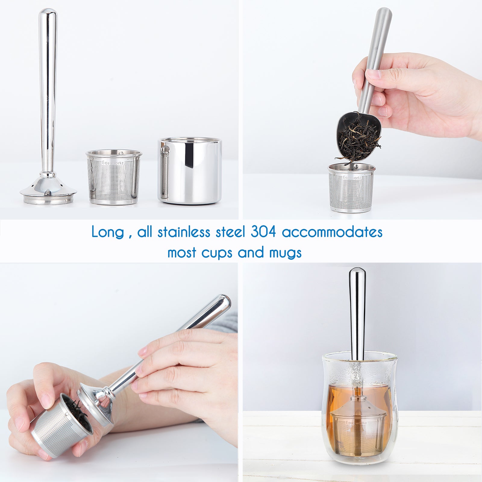 Easyworkz Stainless Steel Tea Infuser Stick with Heat Resistant Hollow Handle,Fine Mesh Tea Strainer with Holder for Loose Leaf,Chrome Finish