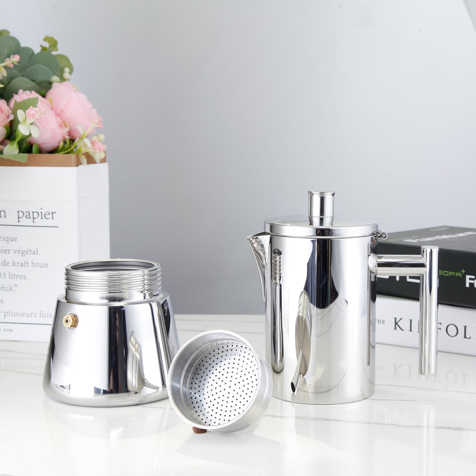 Easyworkz Stainless Steel Coffee Funnel Filter and Reducer & Set of Silicone Gasket Seals and Filter Screen, Espresso Maker Replacement