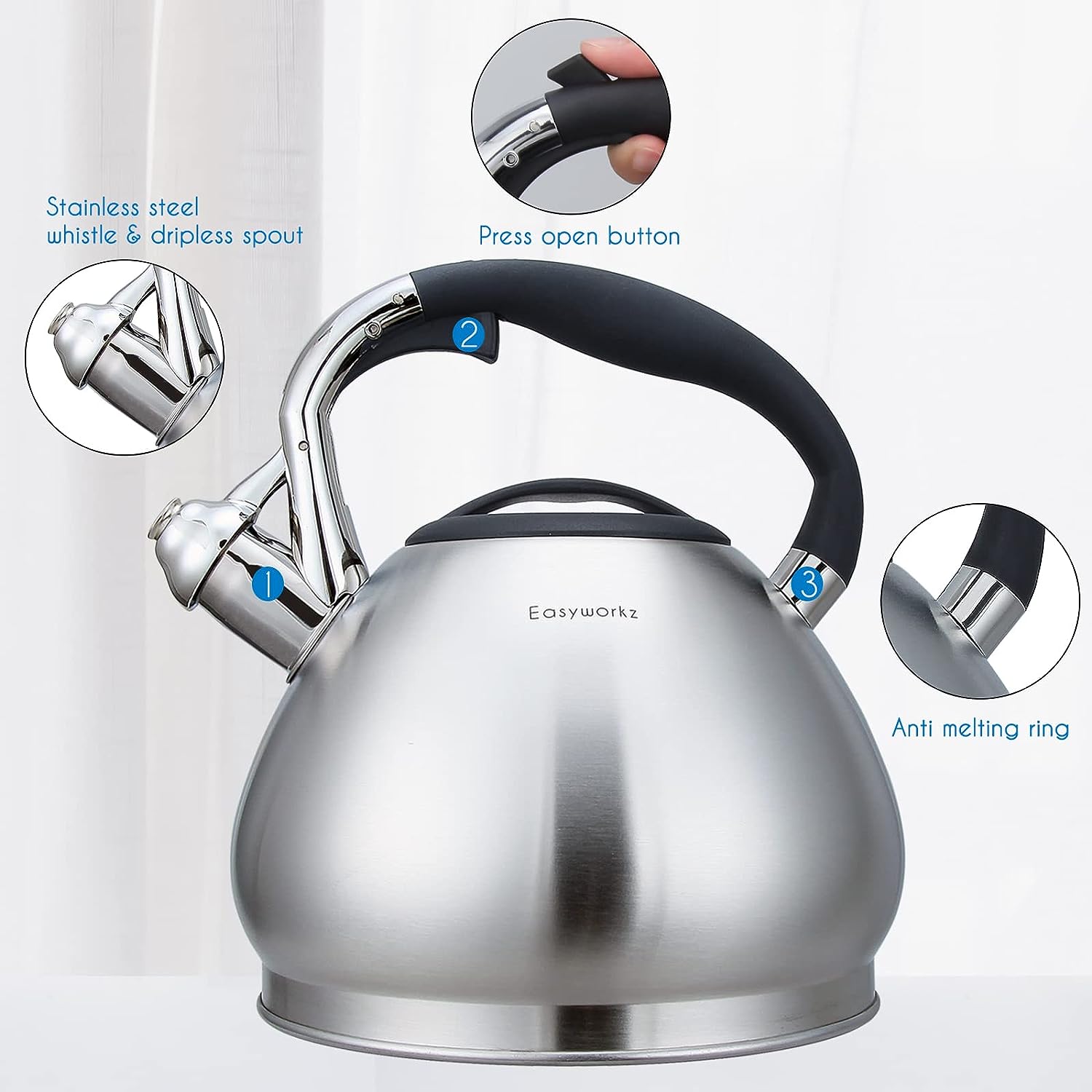 Easyworkz Whistling Stovetop Tea Kettle Food Grade Stainless Steel Hot Water Tea Pot With Loud Whistle, 3.1 qt / 3.0 L