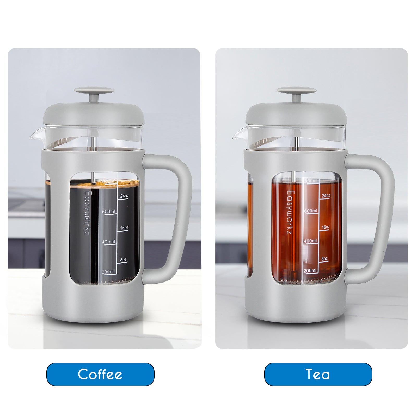 Easyworkz French Press 34 fl.oz / 1000 ml Kaffeeteebereiter mit Borosilikatglas, Soft-Grip-Griff, Hellgrau