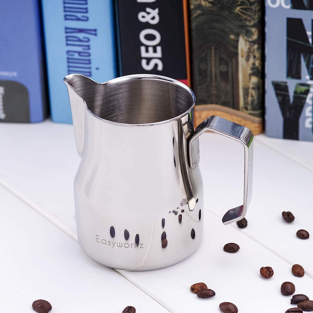 Easyworkz Espresso Steaming Pitcher 12-15 fl.oz(350-450 ml) Stainless Steel Coffee Frothing Picther Milk Jug Cappuccino Latte Art Cup, Silver