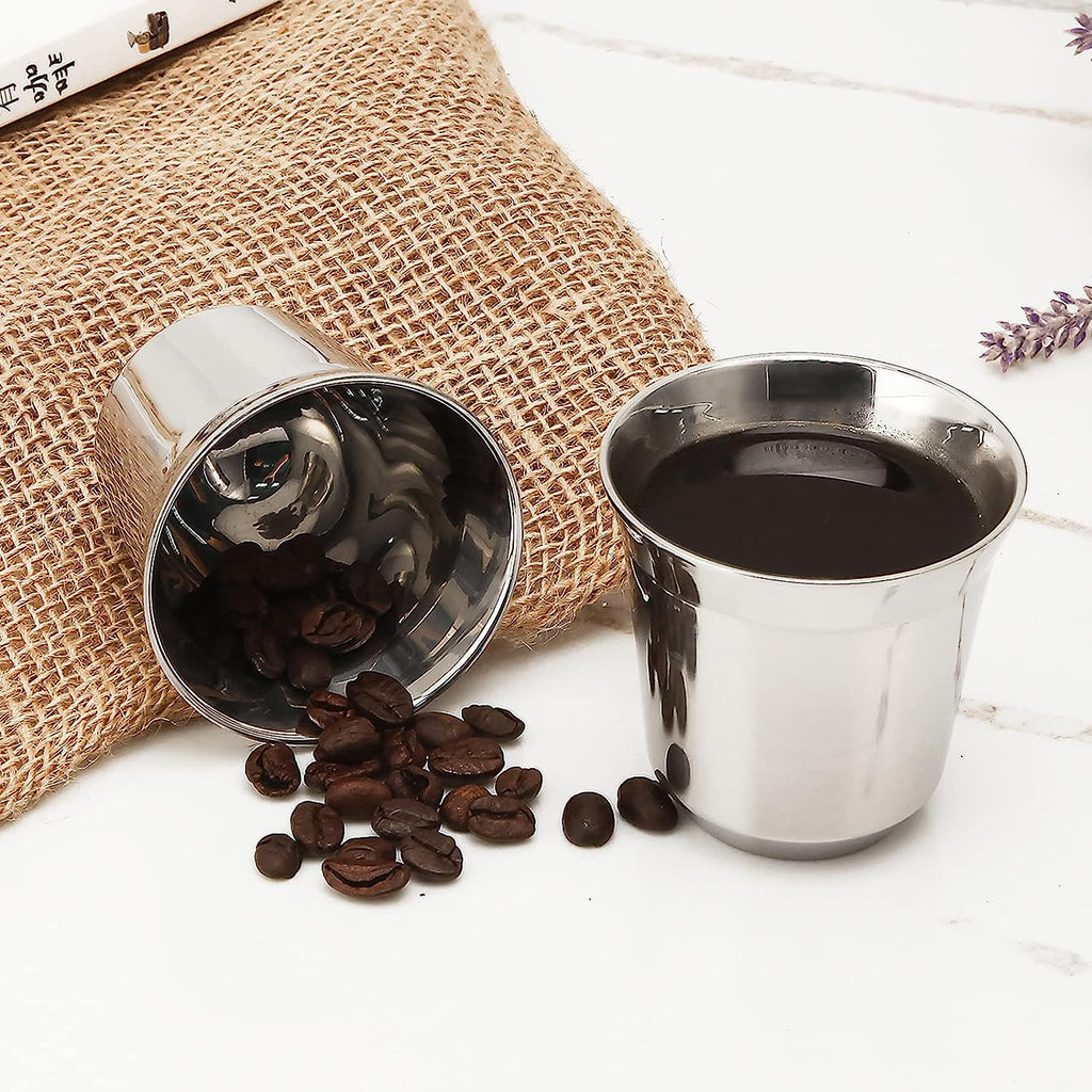 Easyworkz Stainless Steel Espresso Cup 2pcs Set Double Wall Insulated Metal Demitasse Cups
