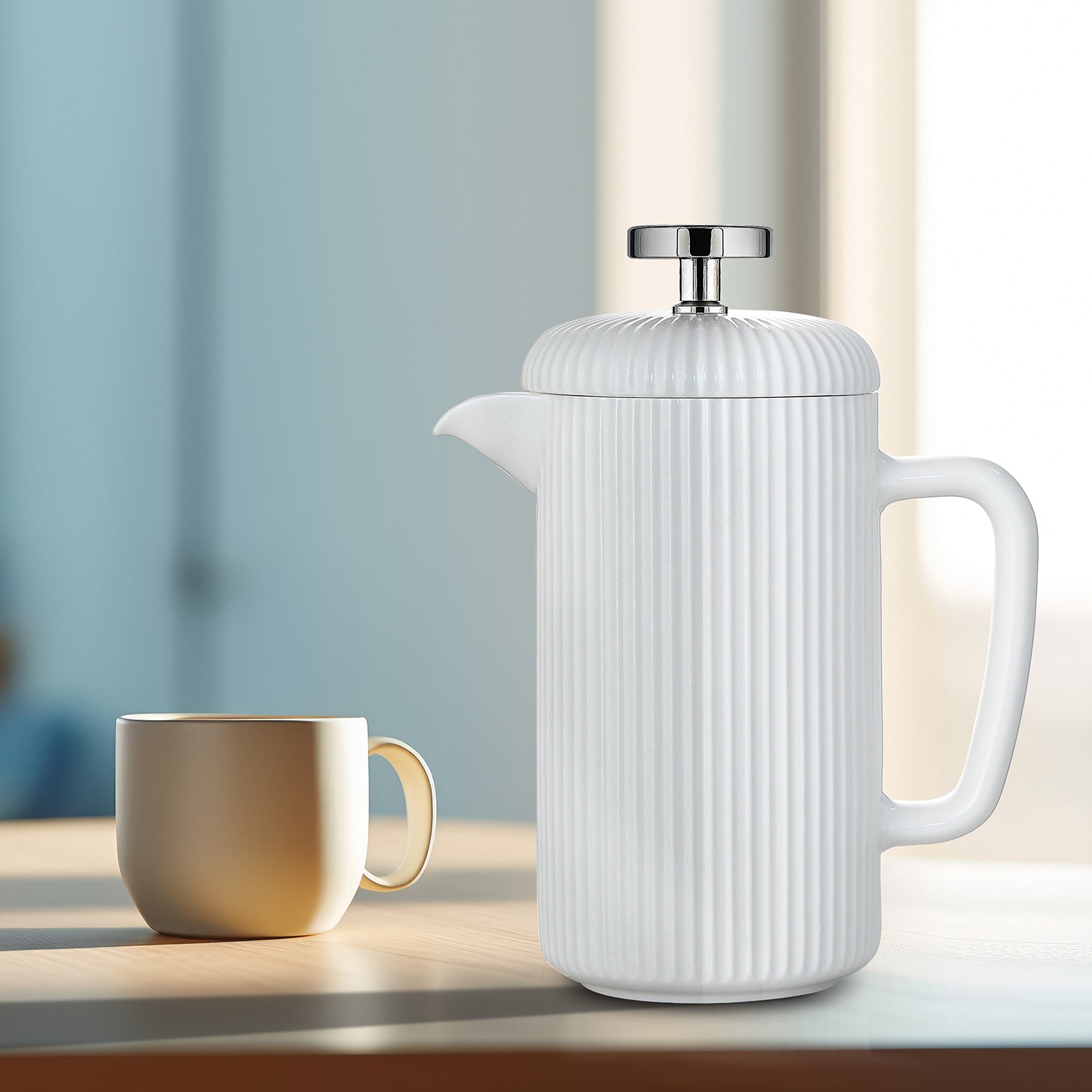 Easyworkz Porcelain French Press, Coffee Maker with Stainless Steel Plunger, Ivory