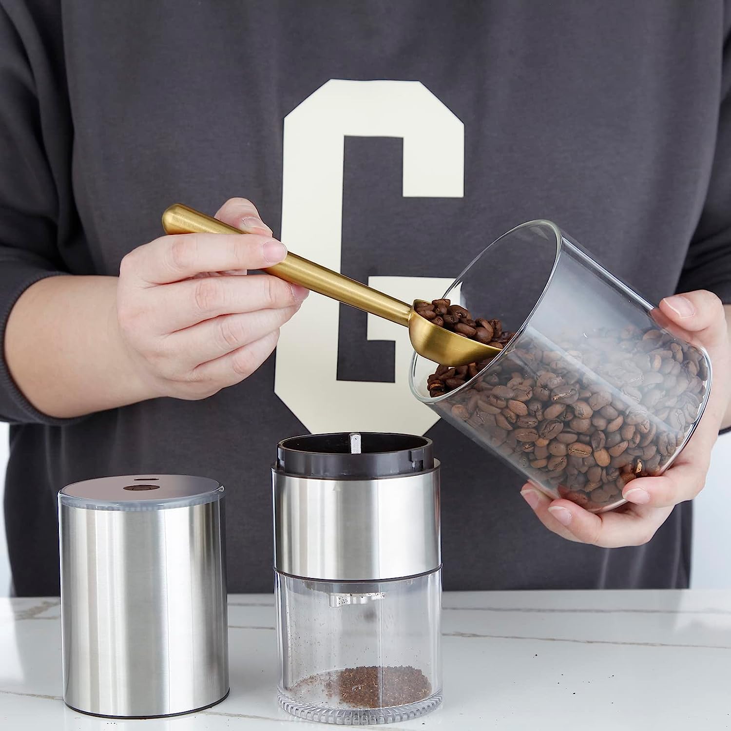 Easyworkz Stainless Steel Long Hollow Handle Coffee Scoop 7g Measuring Spoon for Ground Coffee and Loose Leaf Tea, Brass Gold