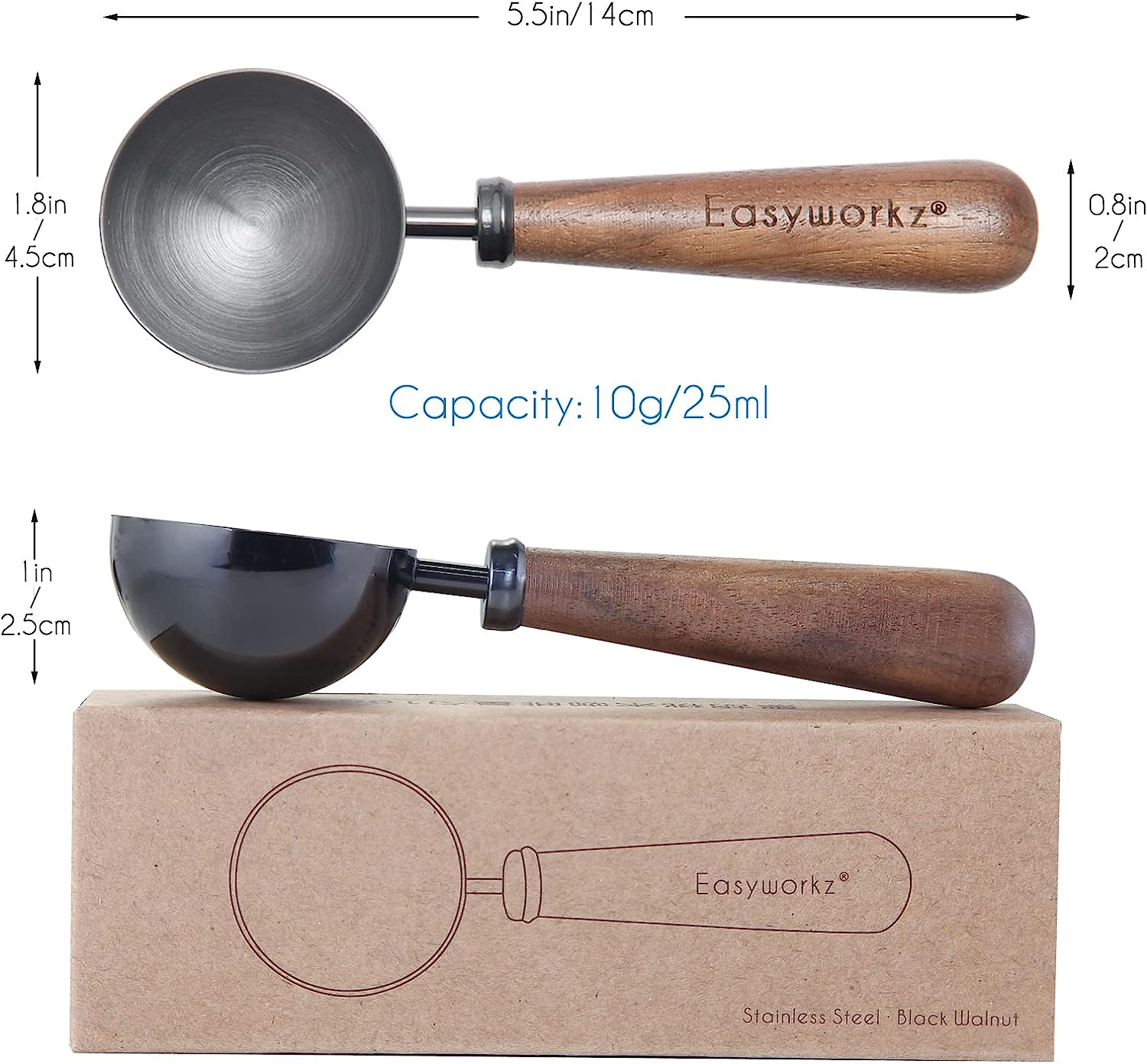 Easyworkz Retro Stainless Steel Coffee Spoon With Black Walnut Handle 10g Measuring Spoon, Gunmetal