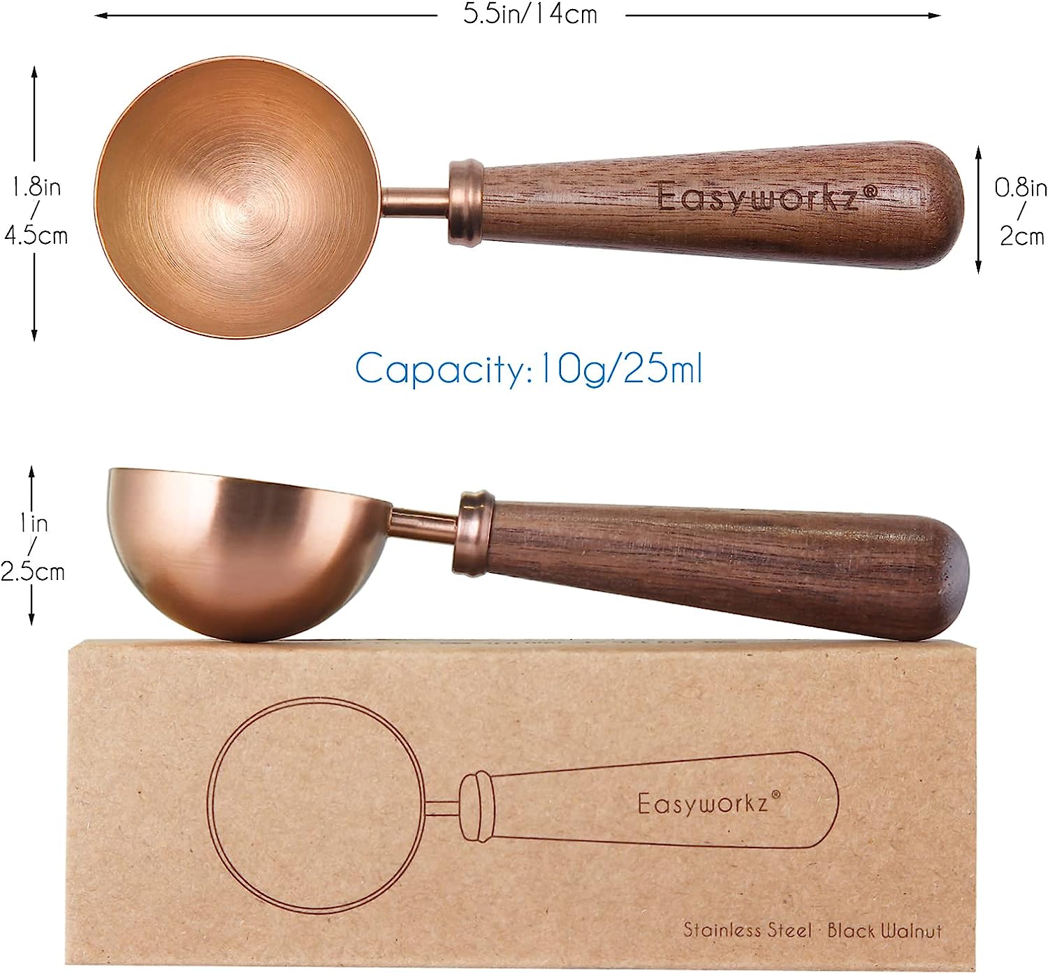 Easyworkz Retro Stainless Steel Coffee Spoon With Black Walnut Handle 10g Measuring Spoon, Rose Gold