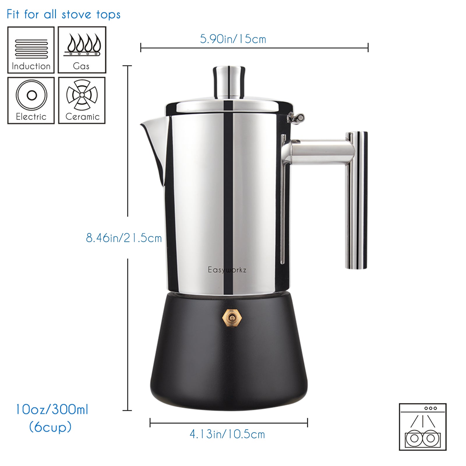 Easyworkz Diego Espressokocher aus Edelstahl, italienische Kaffeemaschine Induktion Mokkakanne, Schwarz