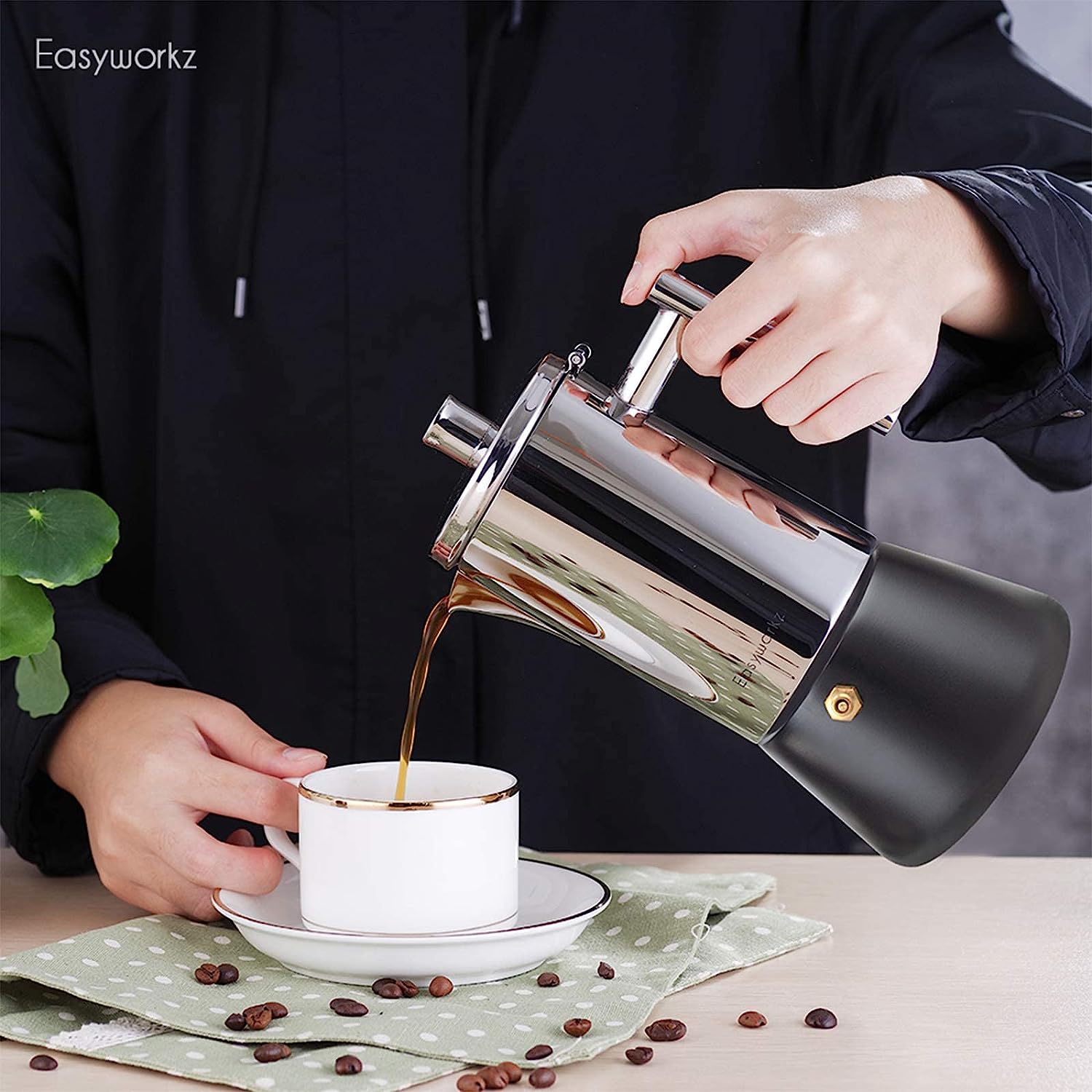 Easyworkz Diego Espressokocher aus Edelstahl, italienische Kaffeemaschine Induktion Mokkakanne, Schwarz