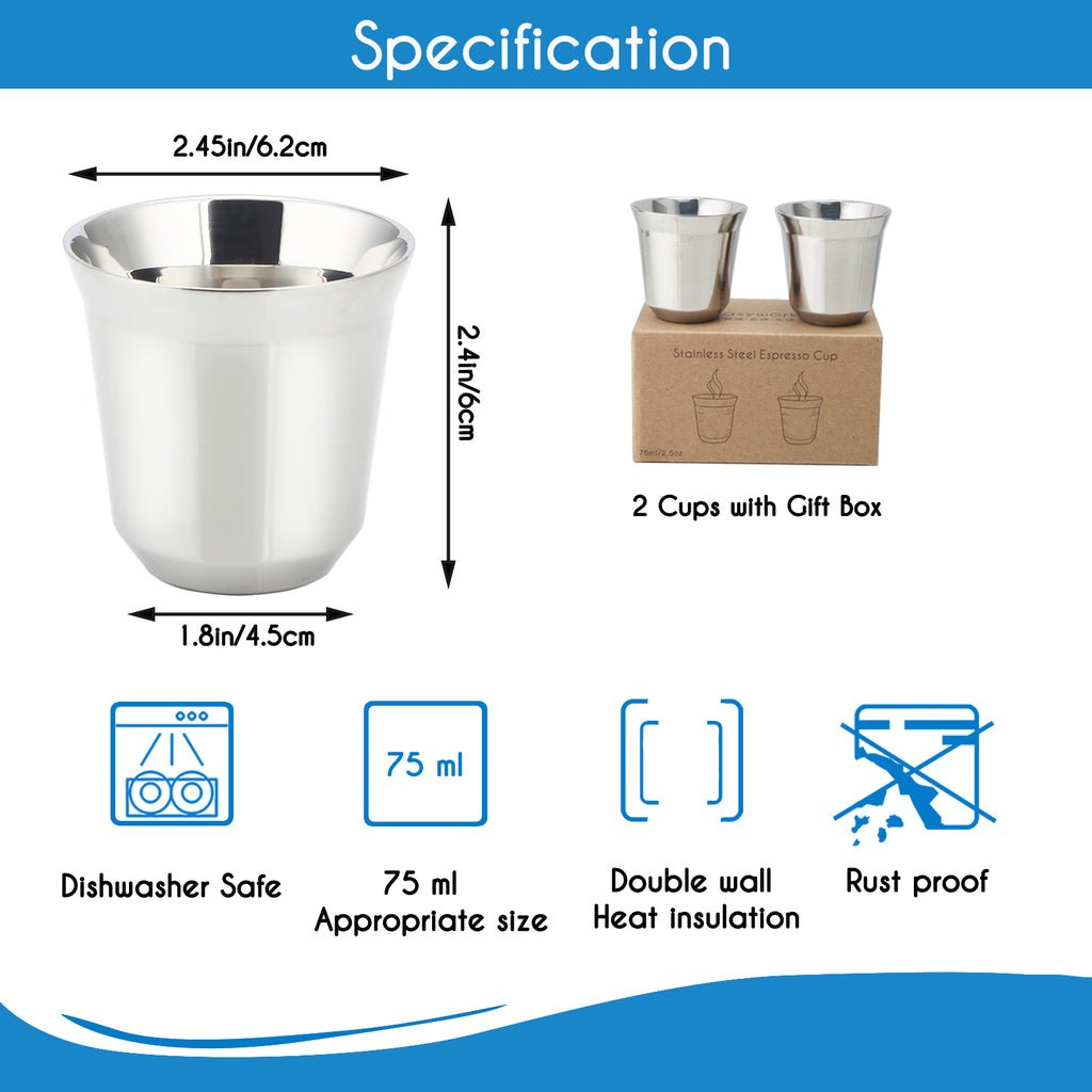 Easyworkz Stainless Steel Espresso Cup 2pcs Set Double Wall Insulated Metal Demitasse Cups
