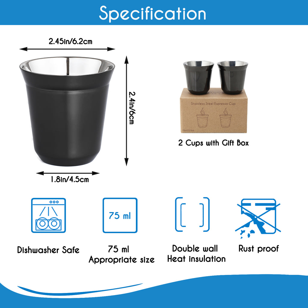Easyworkz Stainless Steel Espresso Cup 2pcs Set Double Wall Insulated Metal Demitasse Cups