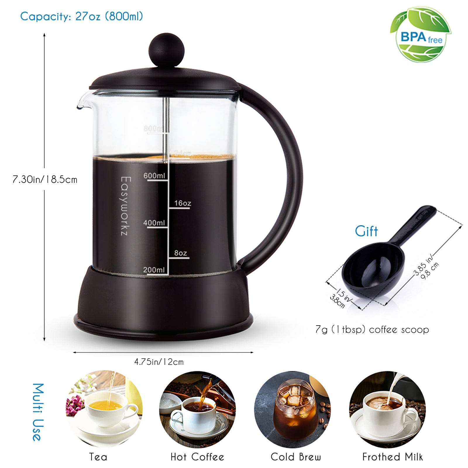 Easyworkz Eclipse French Press Coffee Tea Maker with Borosilicate Glass