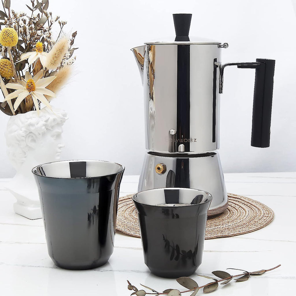 Easyworkz Stainless Steel Espresso Cup 2pcs Set 2.5-5 fl.oz(75-150 ml) Double Wall Insulated Metal Demitasse Cups, Gunmetal