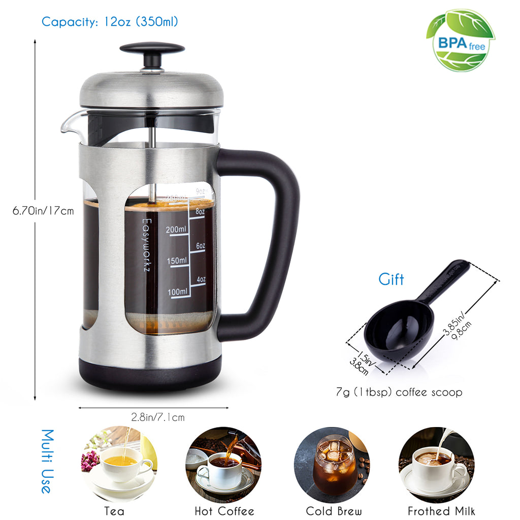 Easyworkz French Press Coffee Tea Maker with Borosilicate Glass Soft Grip Handle