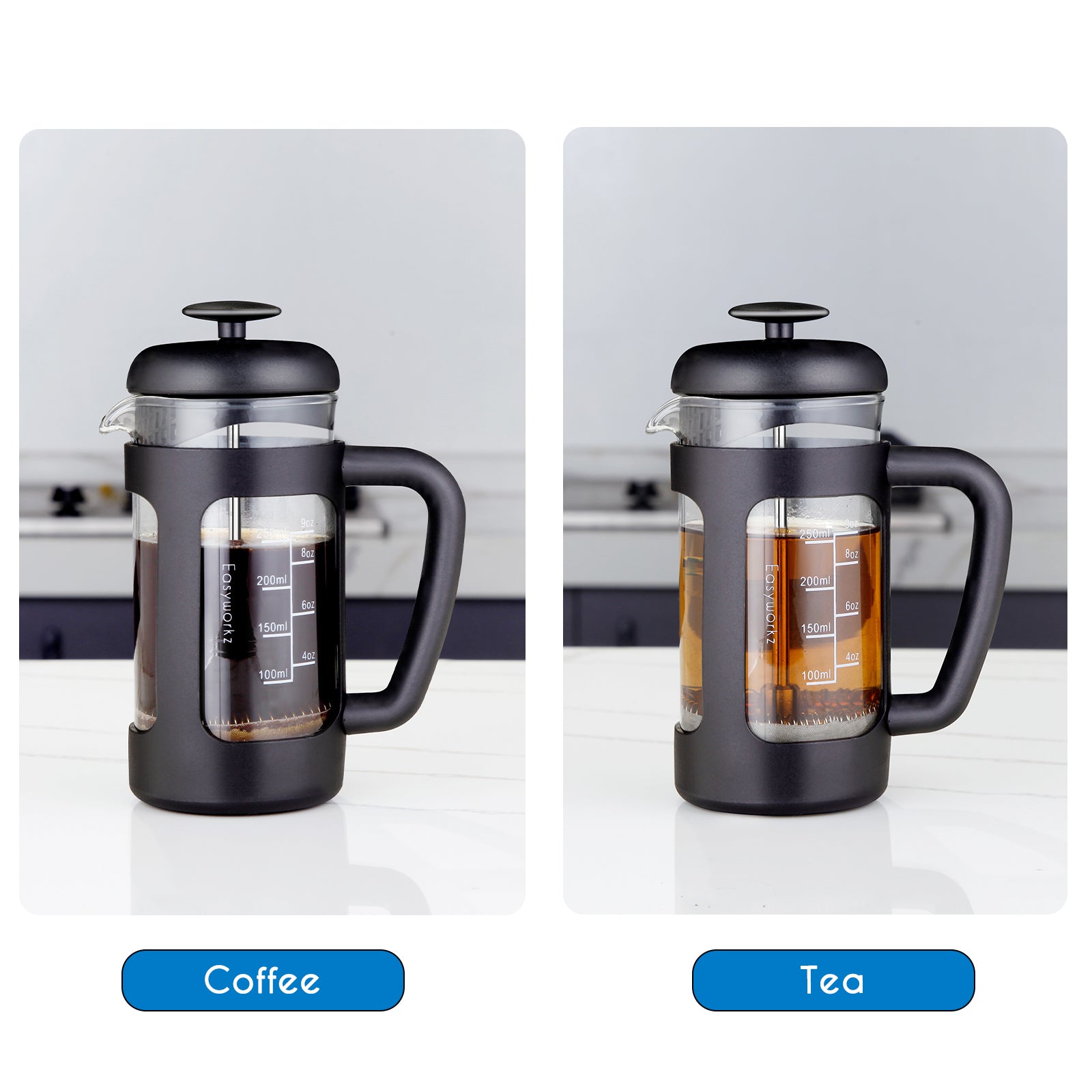 Easyworkz French Press Kaffeebereiter 350 ml mit Borosilikatglas, Soft-Grip-Griff, Schwarz