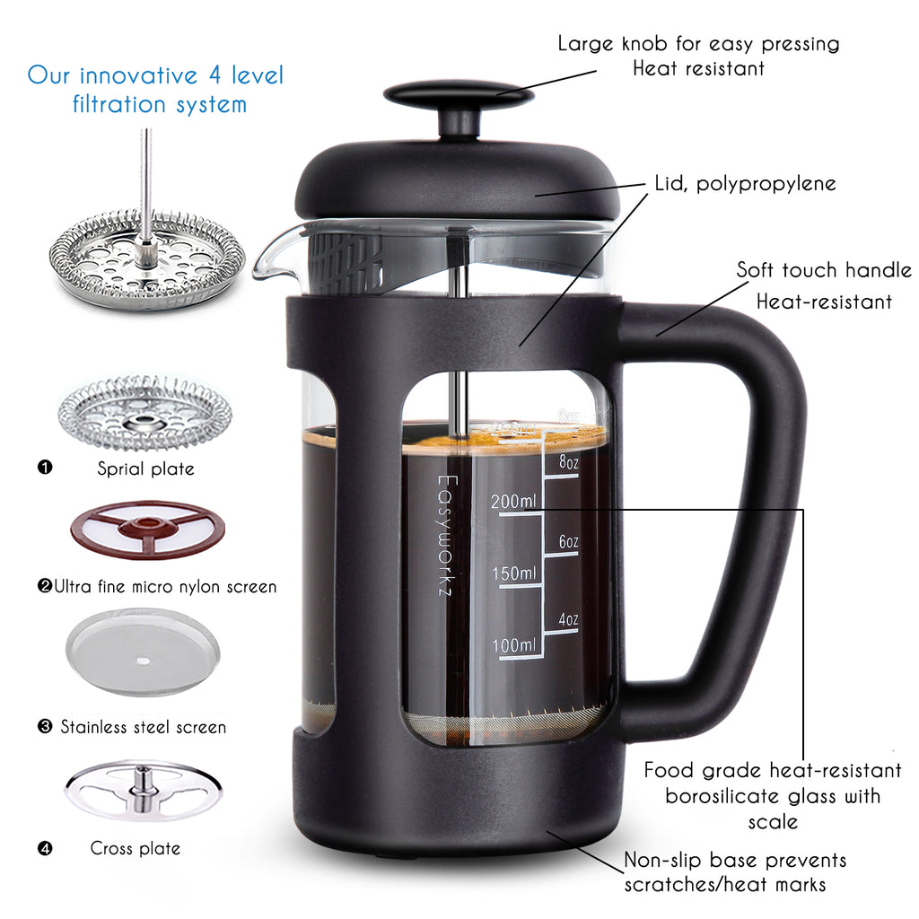Easyworkz French Press Coffee Tea Maker with Borosilicate Glass Soft Grip Handle