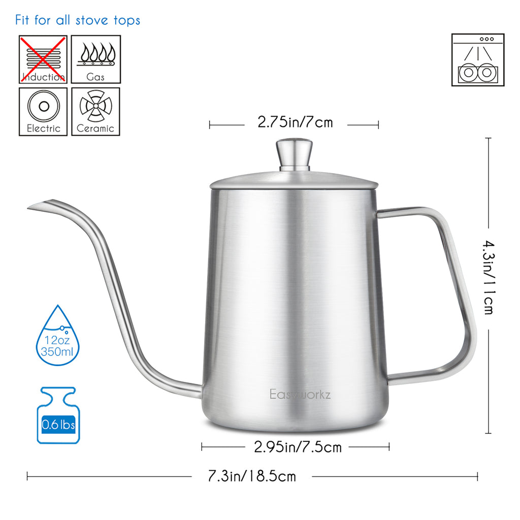 Easyworkz Gage Gooseneck Pour Over Coffee Kettle 12 fl.oz / 350 ml Stainless Steel Hand Drip Coffee Pot With Long Narrow Spout, Silver