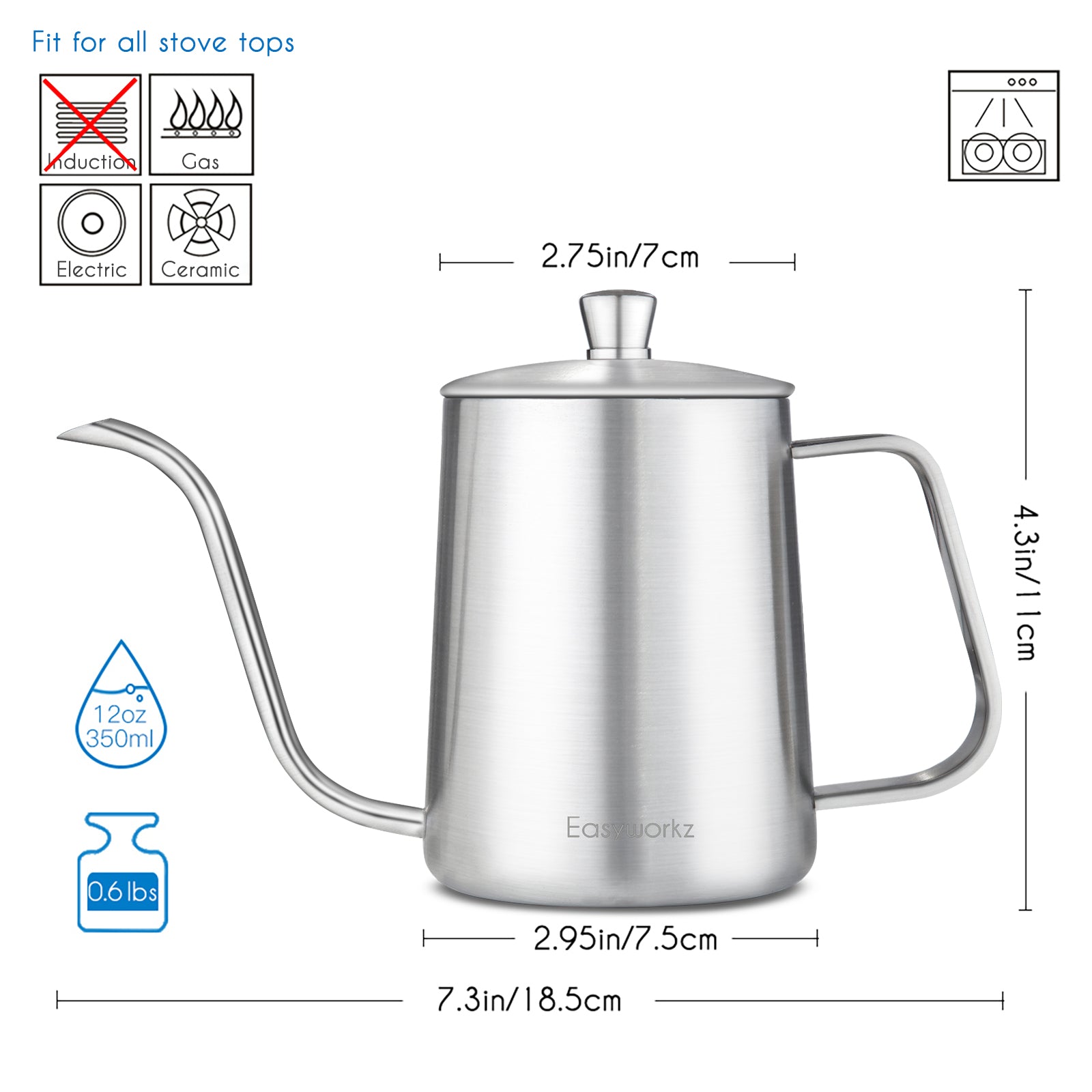 Easyworkz Gage Schwanenhals-Kaffeekessel 350 ml, Edelstahl, Handfilter-Kaffeekanne mit langem, schmalem Ausguss, Silber