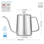 Easyworkz Gage Gooseneck Pour Over Coffee Kettle 20 fl.oz / 600 ml Stainless Steel Hand Drip Coffee Pot With Long Narrow Spout, Silver