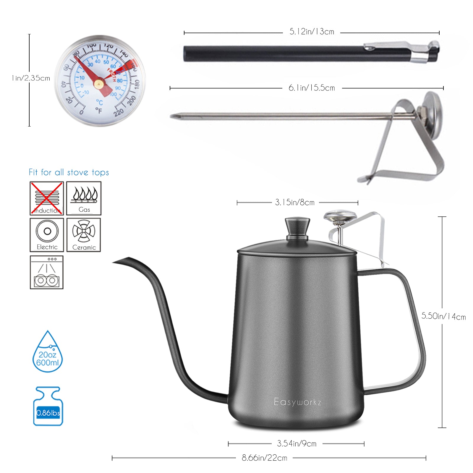 Easyworkz Gage Bouilloire à café à col de cygne 600 ml avec thermomètre, cafetière goutte à goutte en acier inoxydable avec bec long et étroit, noire