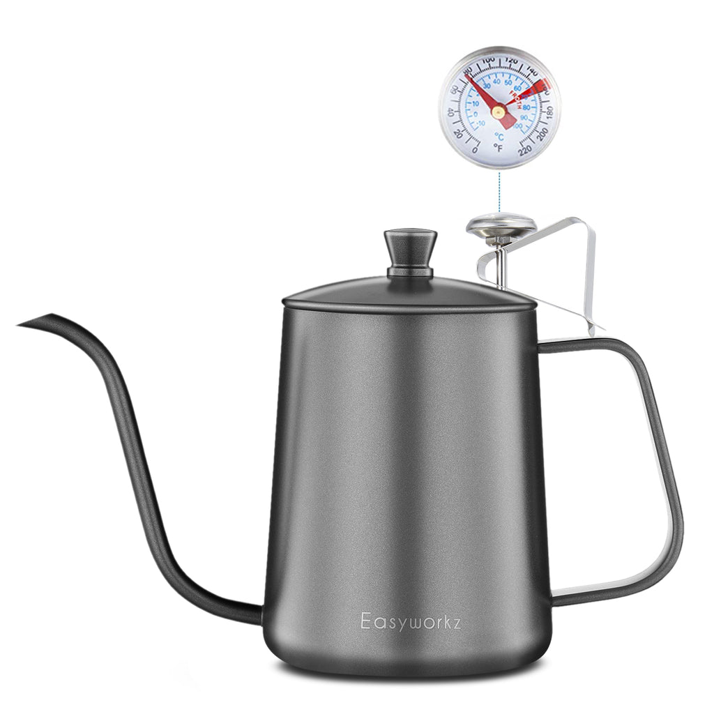 Easyworkz Gage Gooseneck Pour Over Coffee Kettle 20 fl.oz / 600 ml with Thermometer Stainless Steel Hand Drip Coffee Pot With Long Narrow Spout, Black