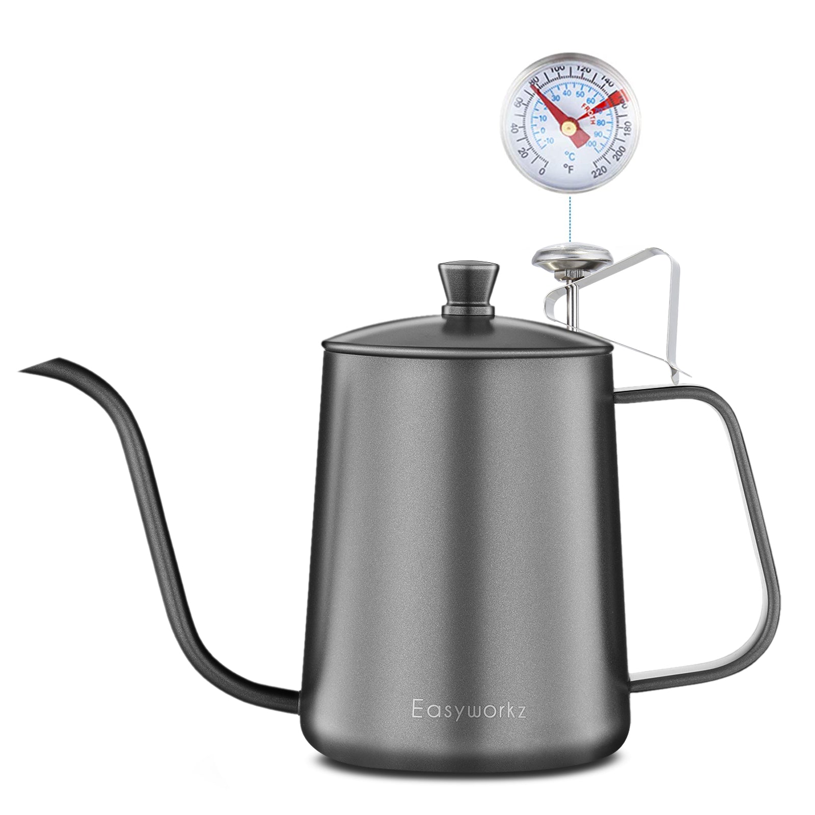 Easyworkz Gage Bouilloire à café à col de cygne 600 ml avec thermomètre, cafetière goutte à goutte en acier inoxydable avec bec long et étroit, noire