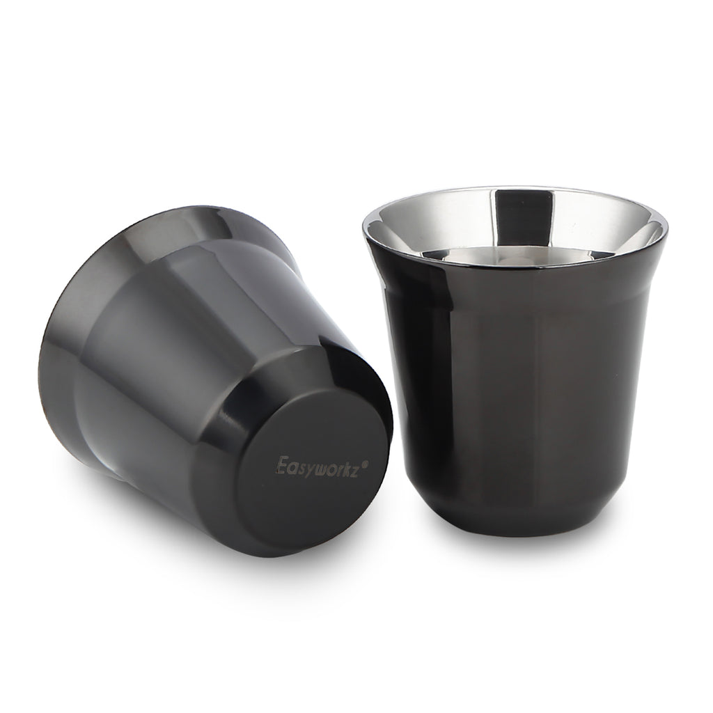 Easyworkz Stainless Steel Espresso Cup 2pcs Set 2.5-5 fl.oz(75-150 ml) Double Wall Insulated Metal Demitasse Cups, Gunmetal
