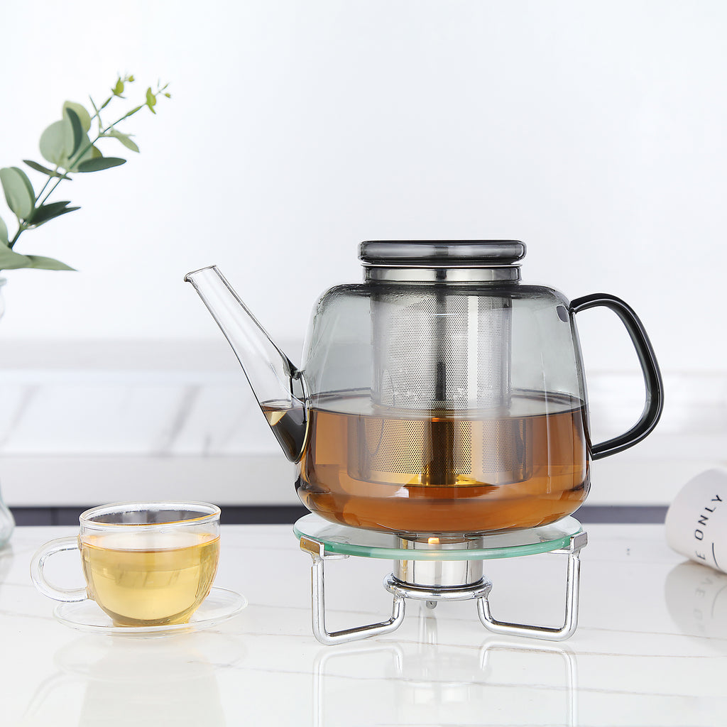 Easyworkz Borosilicate Glass Teapot 50oz / 1500ml with Large Stainless Steel Removable Loose Tea Infuser for Fruit Herbal and Infusion, Smoke Grey
