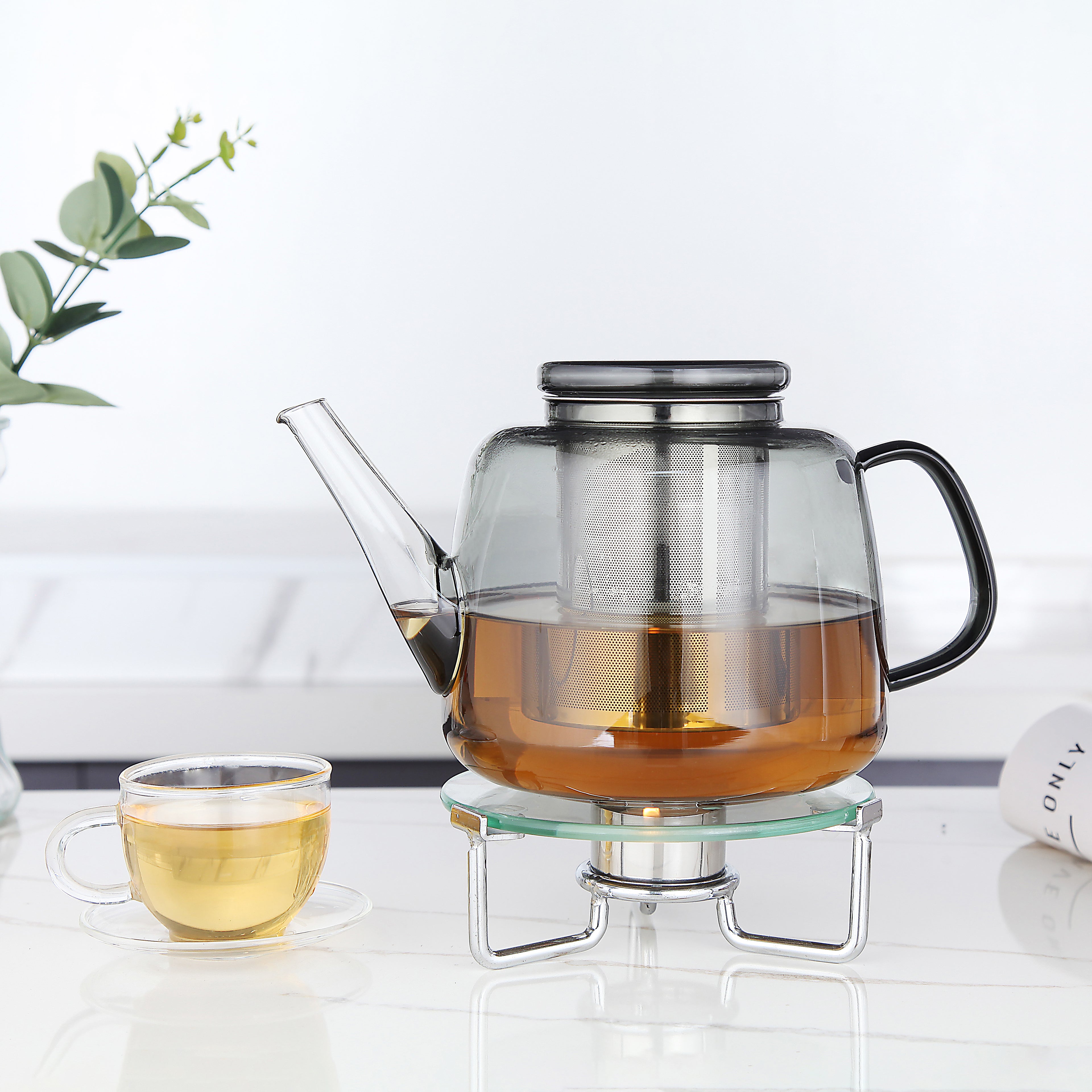 Easyworkz Borosilicate Glass Teapot 50oz / 1500ml with Large Stainless Steel Removable Loose Tea Infuser for Fruit Herbal and Infusion, Smoke Grey
