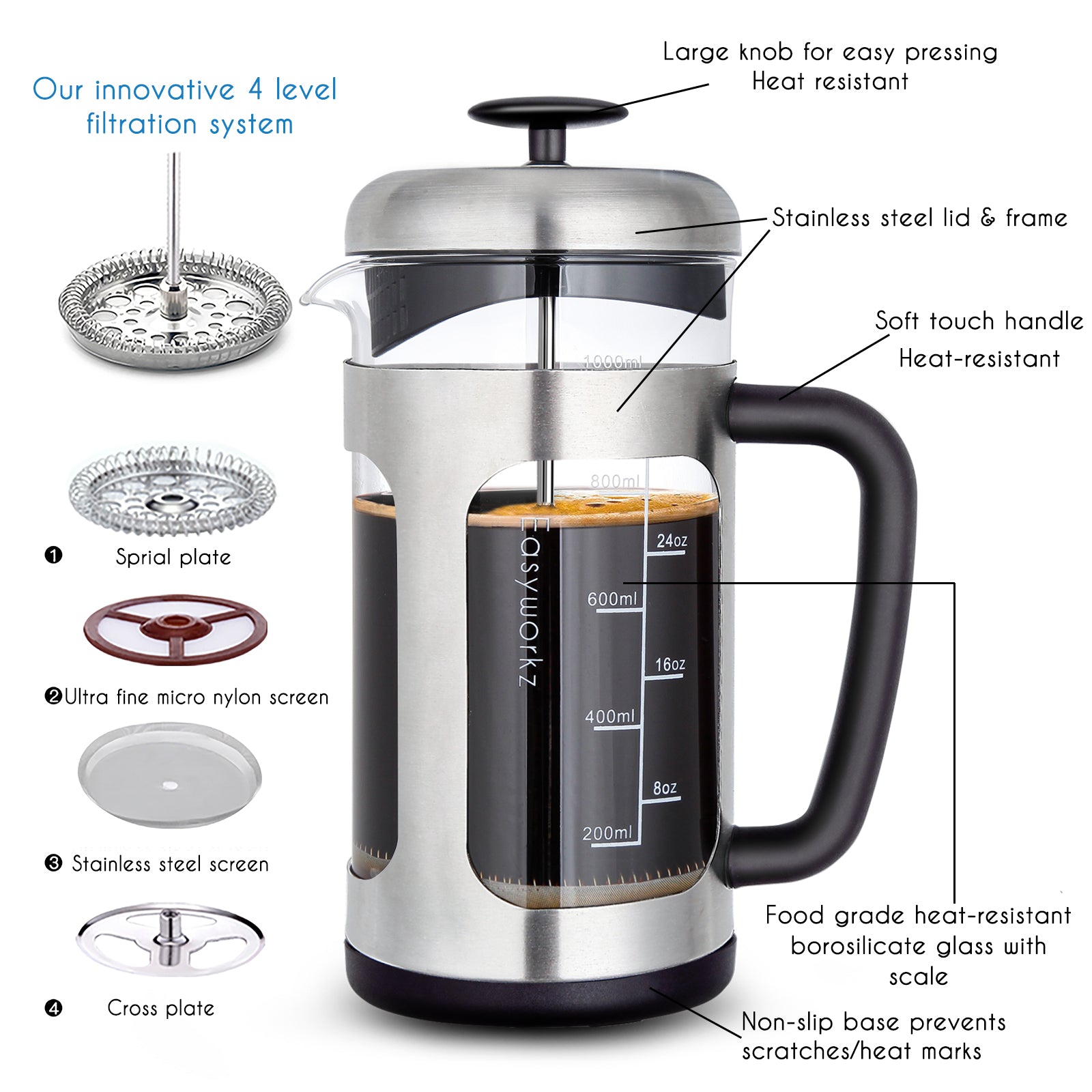 Easyworkz French Press 34 fl.oz / 1000 ml Kaffee- und Teebereiter aus Borosilikatglas mit Soft-Touch-Griff, Silber