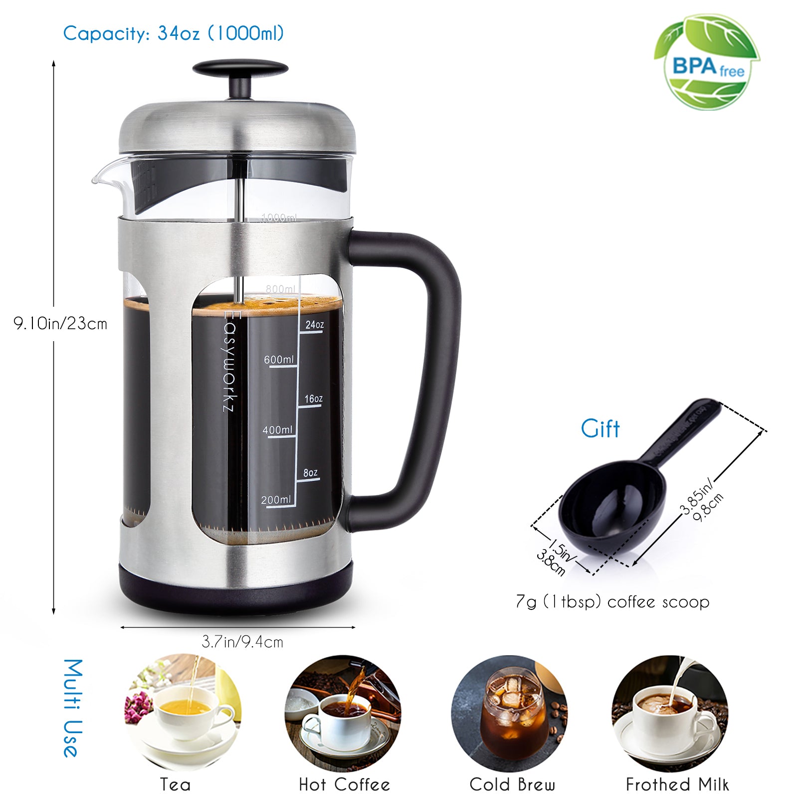 Easyworkz French Press 34 fl.oz / 1000 ml Kaffee- und Teebereiter aus Borosilikatglas mit Soft-Touch-Griff, Silber