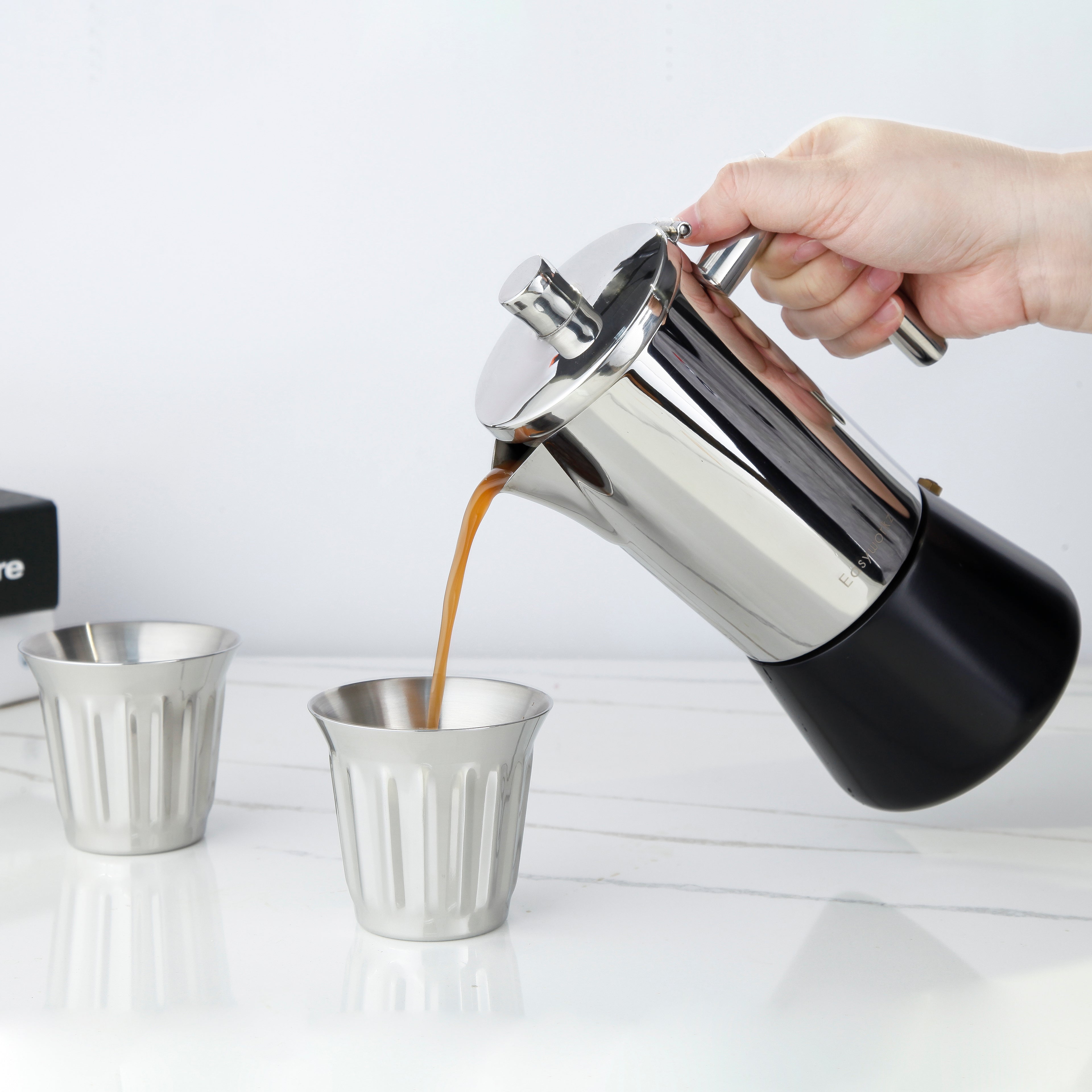 Easyworkz Stainless Steel Espresso Cup 2pcs Set Double Wall Insulated Metal Demitasse Cups 5 fl.oz/ 150 ml, Chrome