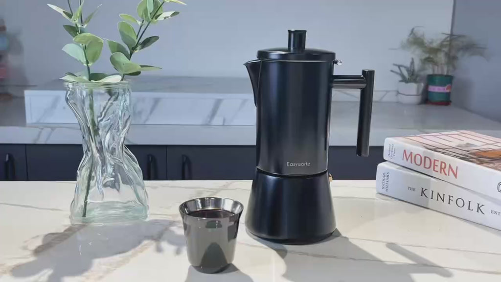 Easyworkz Diego Espressokocher Herdplatte Edelstahl Italienische Kaffeemaschine Induktion Mokkakanne, Mattschwarz