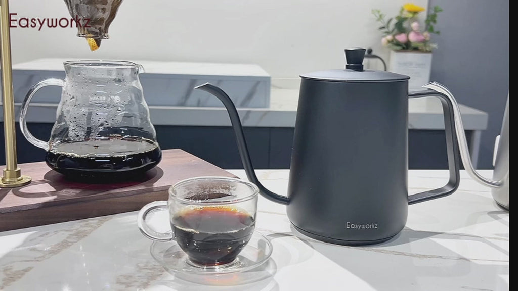 Easyworkz Gooseneck Pour Over Coffee Kettle 30 fl oz / 900 ml Stainless Steel Hand Drip Coffee Pot with Long Narrow Spout Suitable for Induction Cookers, Black with Thermometer